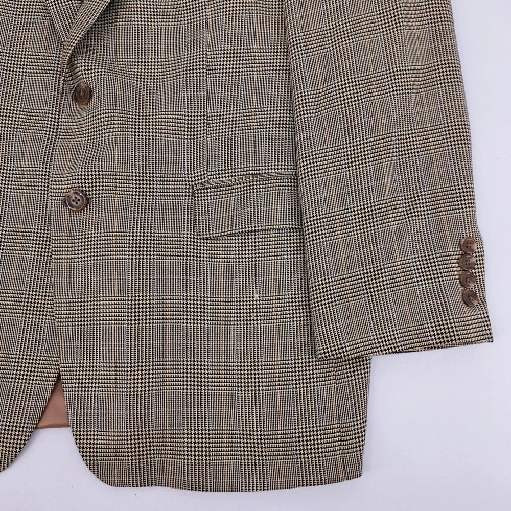 Lauren Ralph Lauren Mens 44R Silk Wool Blend Glen Plaid Blazer Sport Coat Beige